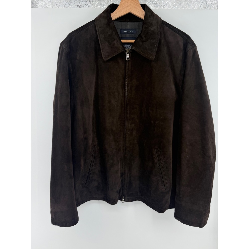 Nautica Genuine Suede Leather Brown‎ Jacket Mens Medium Wool Blend Lining